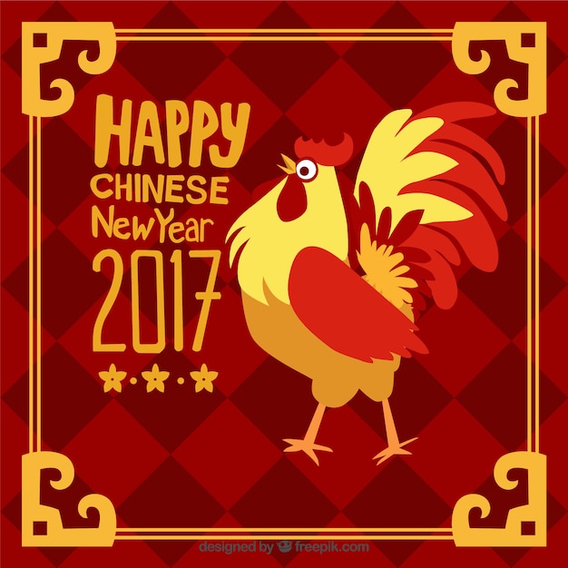 Handgetekende Chinees Nieuwjaar achtergrond met gouden frame en haan