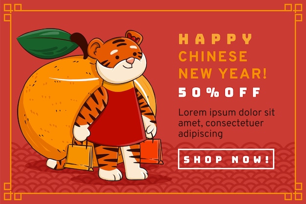 Handgetekende Chinese nieuwjaarsverkoop horizontale banner