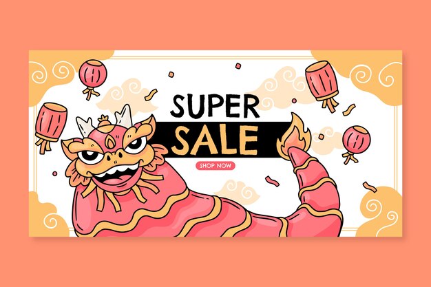 Gratis vector handgetekende chinese nieuwjaarsverkoop horizontale banner