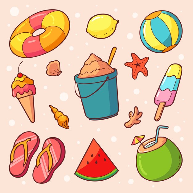 Handgetekende collectie ontwerpelementen voor het zomerseizoen