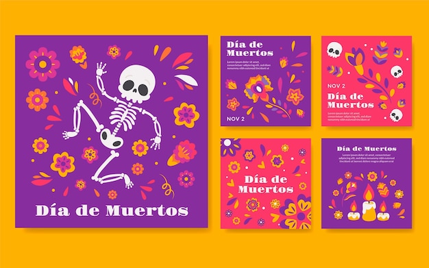 Gratis vector handgetekende dia de muertos instagram posts collectie