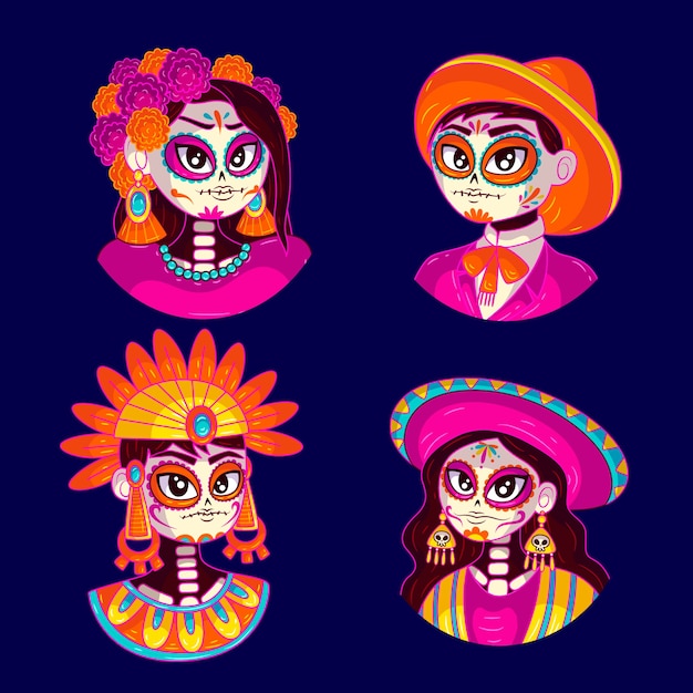 Handgetekende dia de muertos karakterelementen collectie