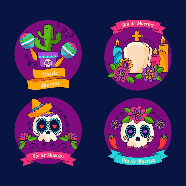 Gratis vector handgetekende dia de muertos labels collectie