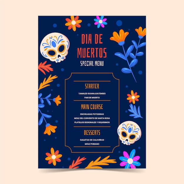 Handgetekende dia de muertos menusjabloon