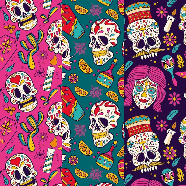 Handgetekende dia de muertos patronen collectie