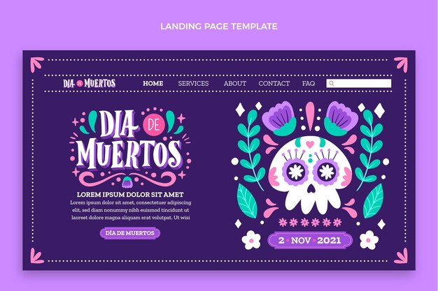 Handgetekende dia de muertos-sjabloon voor bestemmingspagina's