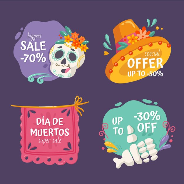 Handgetekende dia de muertos verkooplabels collectie