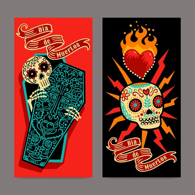 Handgetekende dia de muertos verticale banners set