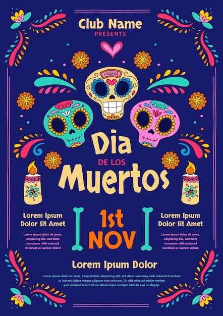 Handgetekende dia de muertos verticale postersjabloon