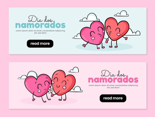 Gratis vector handgetekende dia dos namorados horizontale banners collectie