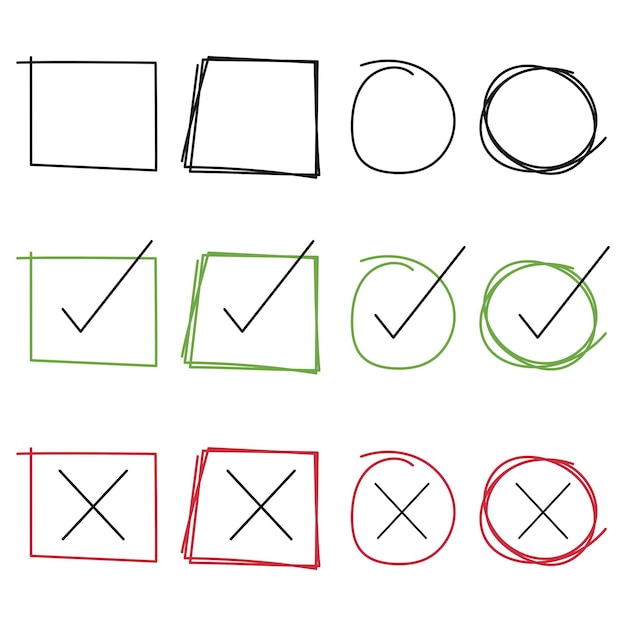 Handgetekende doodle dozen en cirkels controleren en kruisen