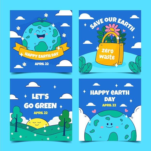 Handgetekende earth day instagram posts collectie