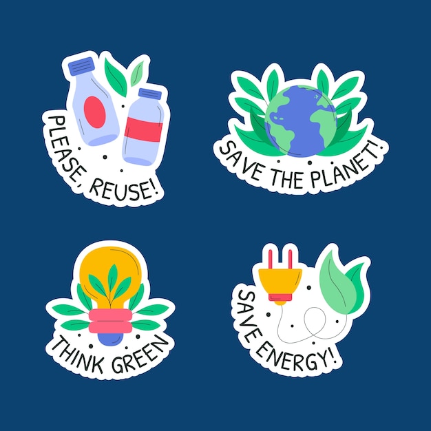 Handgetekende ecologie-badges met plat ontwerp