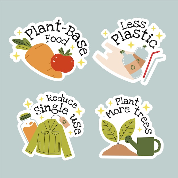 Handgetekende ecologie-badges met plat ontwerp