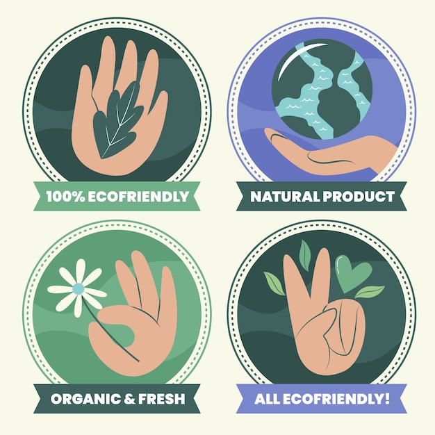 Gratis vector handgetekende ecologie-badges met plat ontwerp