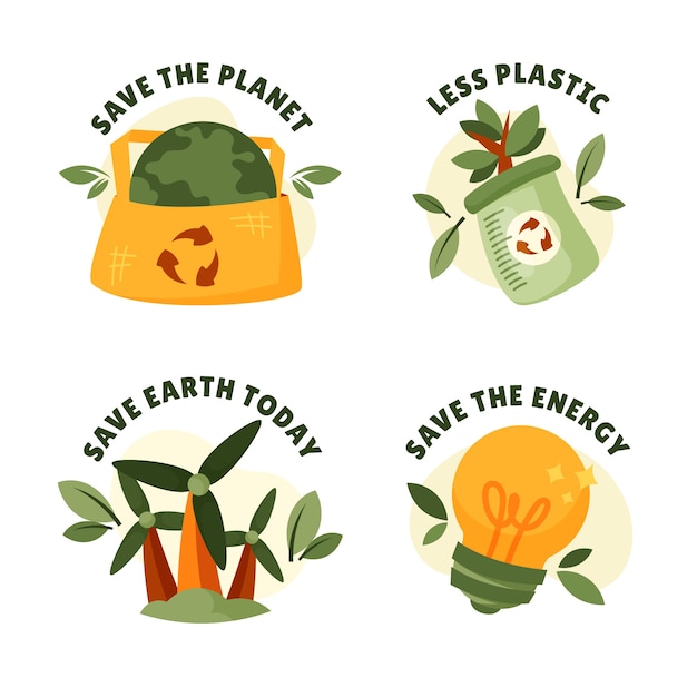 Gratis vector handgetekende ecologie-badges met plat ontwerp