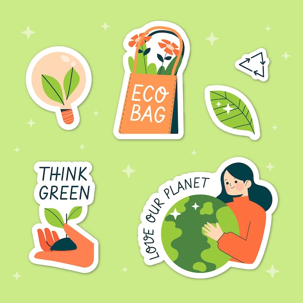 Gratis vector handgetekende ecologie-badges met plat ontwerp