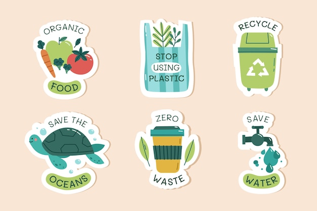 Handgetekende ecologie-badges met plat ontwerp