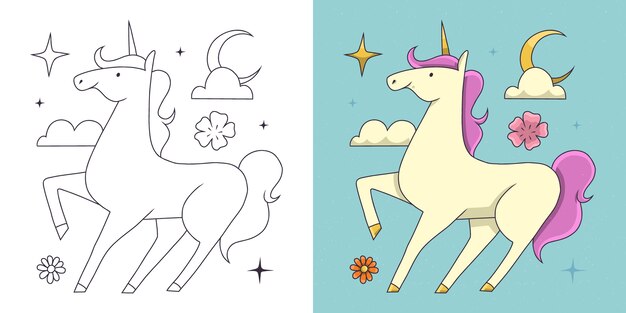Handgetekende eenhoorn kleurboekillustratie