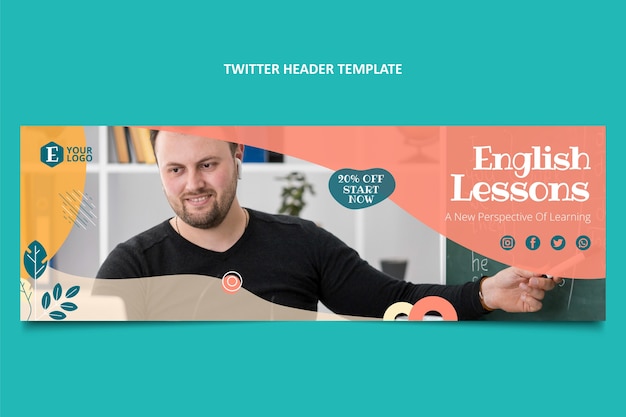 Gratis vector handgetekende engelse lessen twitter header-sjabloon