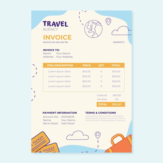 Handgetekende factuursjabloon voor reisbureau