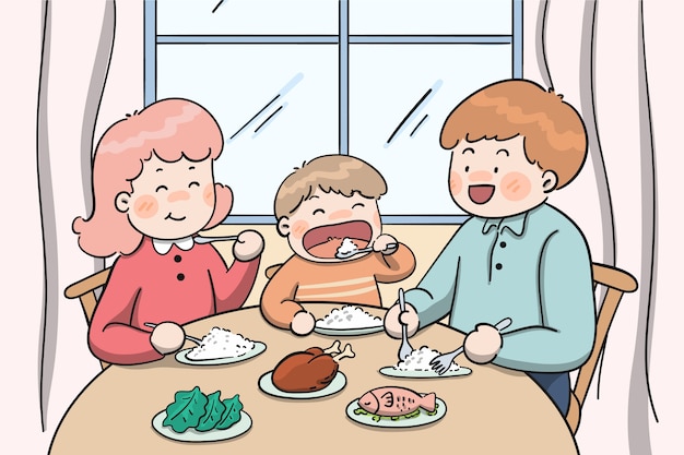 Handgetekende familie die illustratie eet