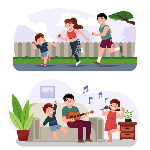 Handgetekende familie rennen en zingen illustratie