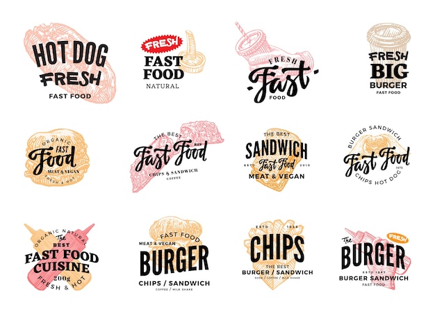 Gratis vector handgetekende fast food-logo's set