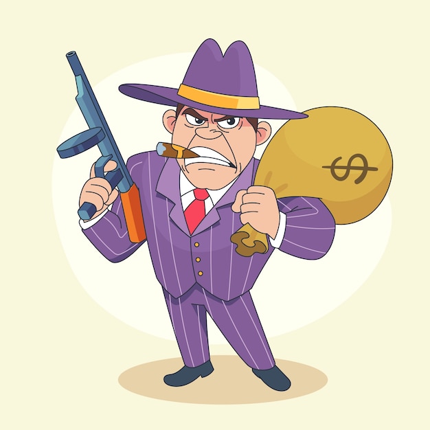 Gratis vector handgetekende gangster cartoon illustratie.