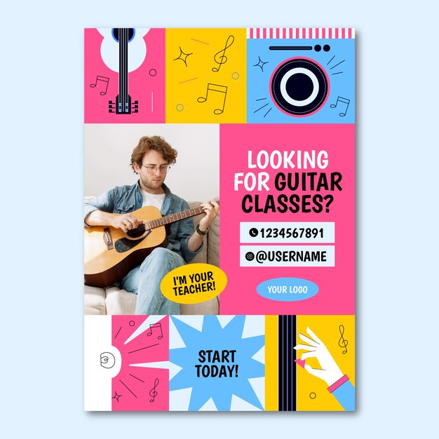 Handgetekende gitaarlessen poster sjabloon