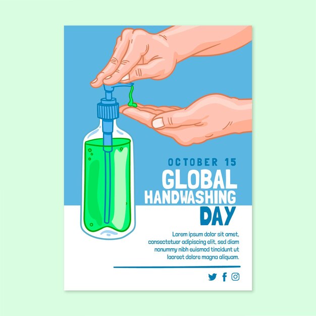 Handgetekende globale handwasdag verticale flyer-sjabloon