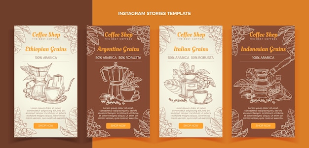 Gratis vector handgetekende gravure coffeeshop instagram verhalencollectie