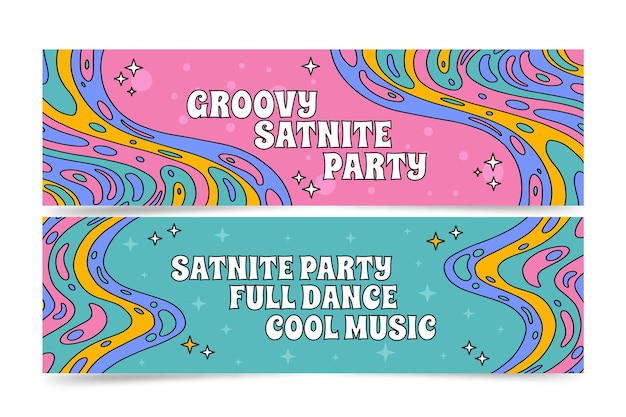 Gratis vector handgetekende groovy psychedelische horizontale banners set