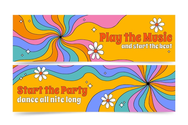 Gratis vector handgetekende groovy psychedelische horizontale banners set