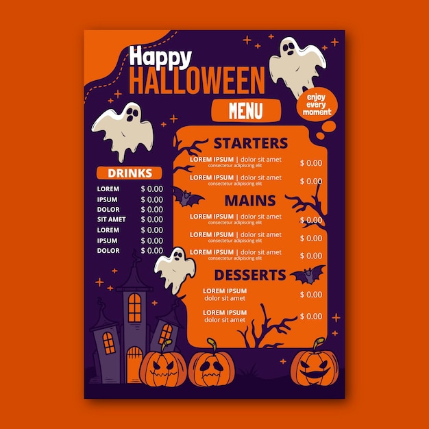 Handgetekende halloween-menusjabloon