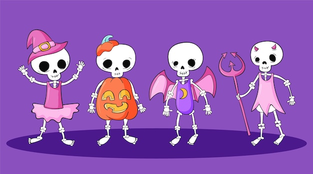 Gratis vector handgetekende halloween-skelettencollectie