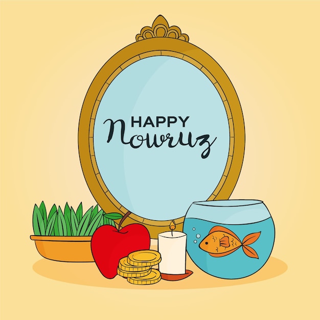Handgetekende happy nowruz illustratie met spiegel en goudvissenkom