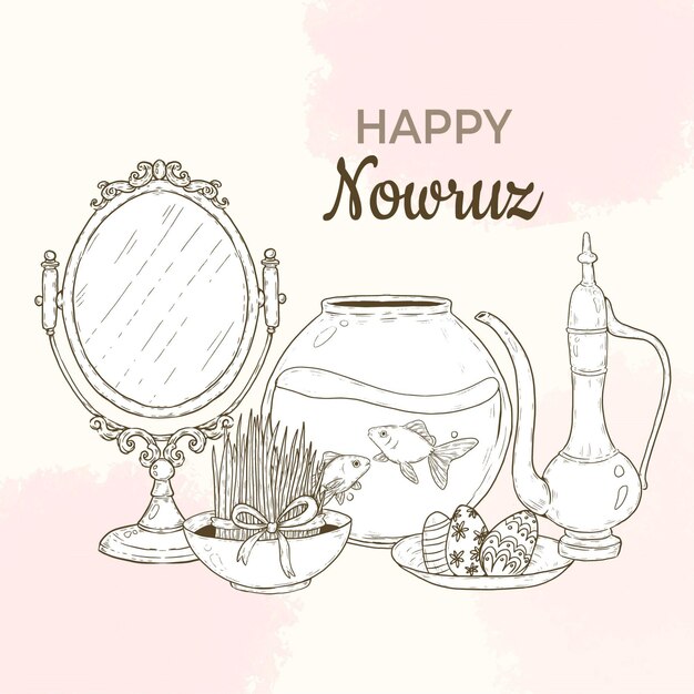 Handgetekende happy nowruz illustratie met spiegel en vissenkom