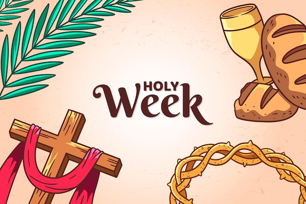 Handgetekende heilige week illustratie met kruis en kroon van doornen