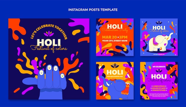 Gratis vector handgetekende holi instagram posts collectie