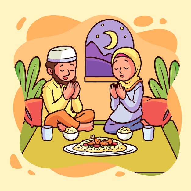 Handgetekende iftar-illustratie met mensen die bidden met voedsel