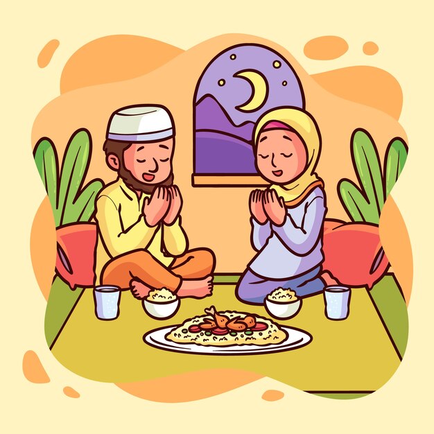 Handgetekende iftar-illustratie met mensen die bidden met voedsel