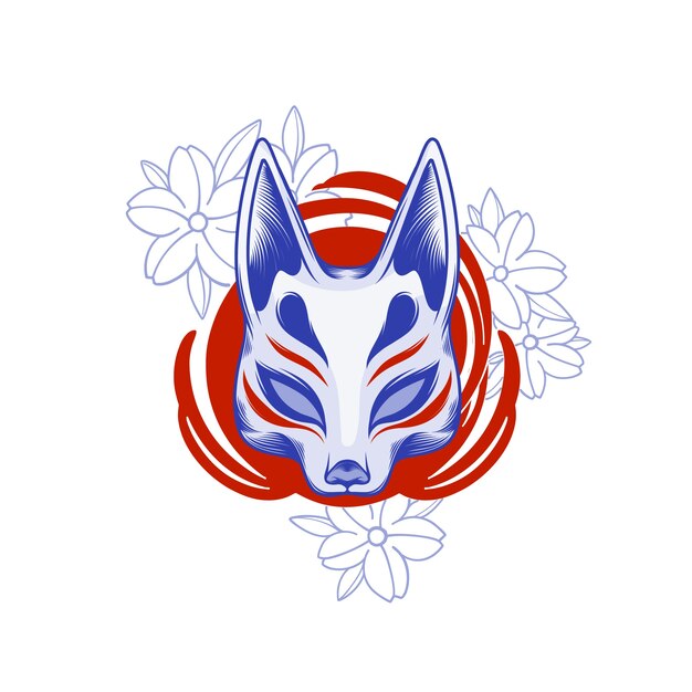 Handgetekende illustratie van een kitsune-masker