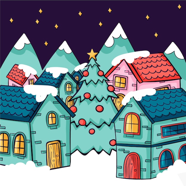 Gratis vector handgetekende illustratie van het kerstdorp