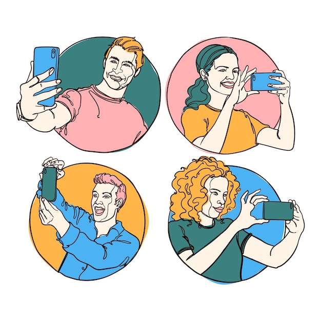 Handgetekende illustratie van mensen die foto's maken met smartphone