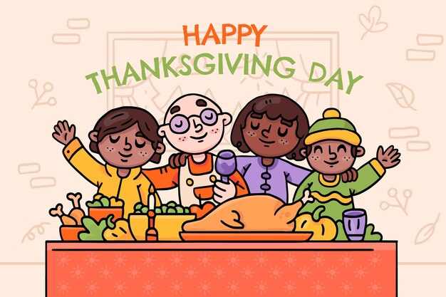 Handgetekende illustratie van mensen die Thanksgiving vieren