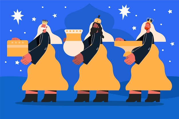 Gratis vector handgetekende illustratie van reyes magos die bij de kerststal aankomt