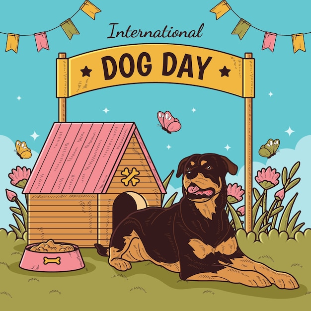 Handgetekende illustratie voor de internationale hondendag