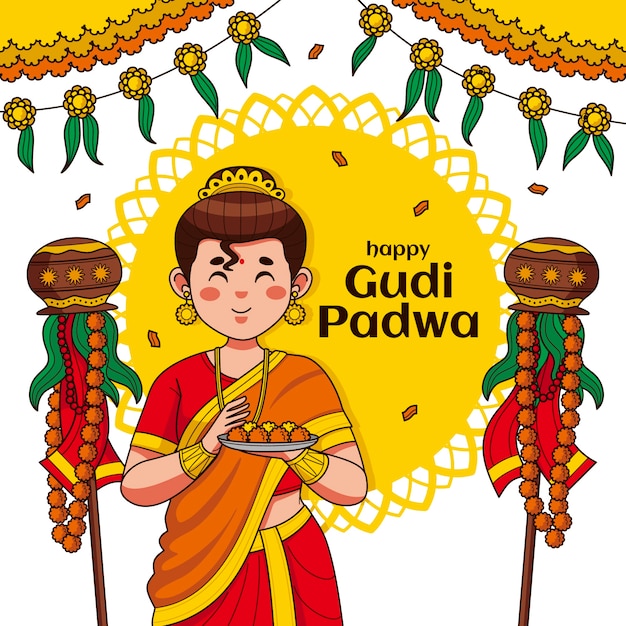 Handgetekende illustratie voor het gudi padwa-festival