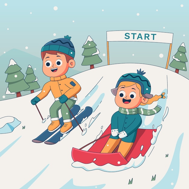 Gratis vector handgetekende illustratie voor het winterseizoen met kinderen skiën en slee gebruiken